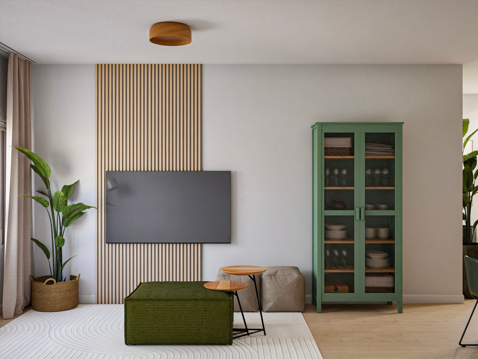 Salón comedor moderno de acentos verdes y decoración biofílica