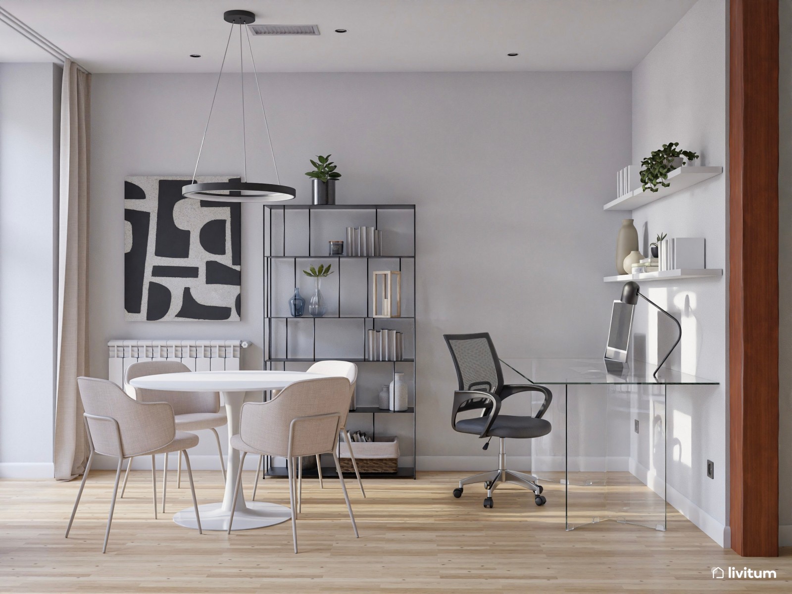 Salón comedor moderno e industrial en blanco y verde 