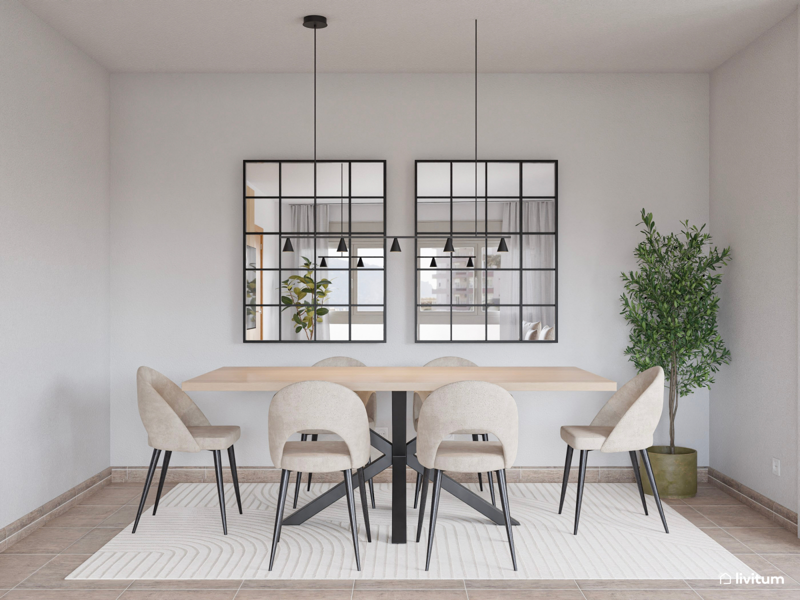 Salón comedor moderno e industrial en color blanco y toques cálidos