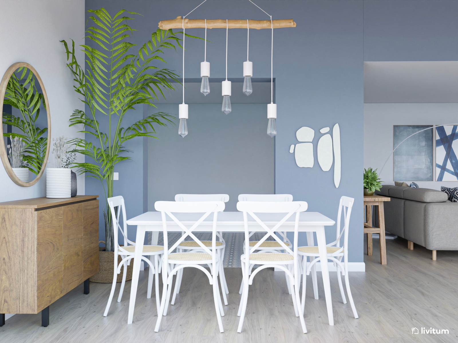 Salón comedor moderno en azul índigo, blanco y gris