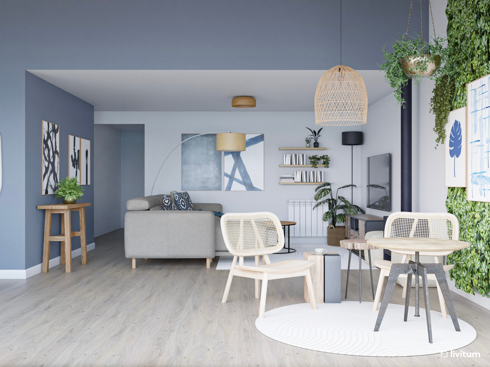 Salón comedor moderno en azul índigo, blanco y gris