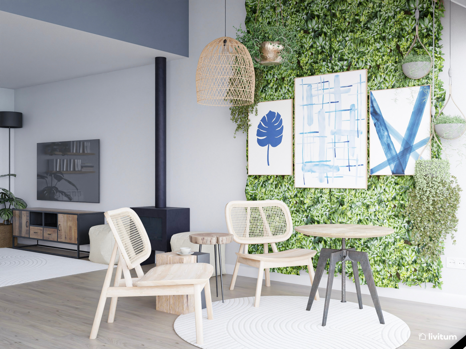 Salón comedor moderno en azul índigo, blanco y gris