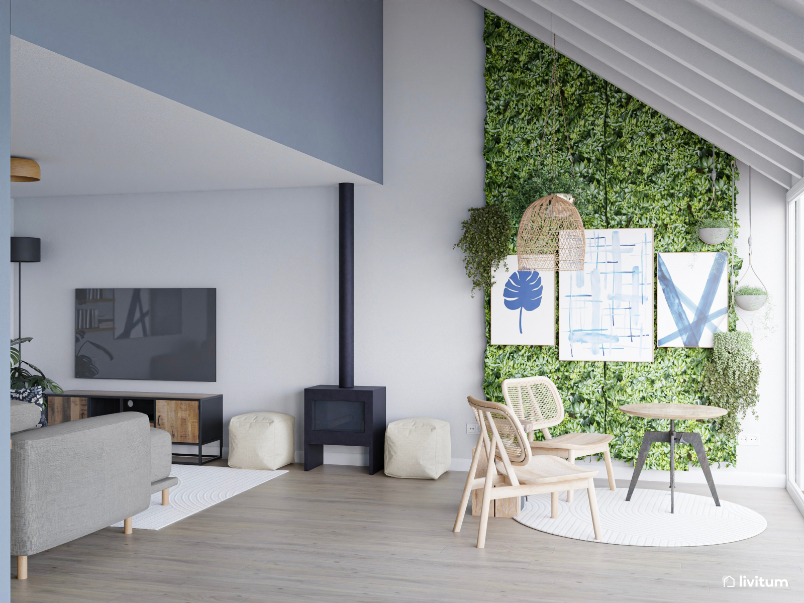 Salón comedor moderno en azul índigo, blanco y gris