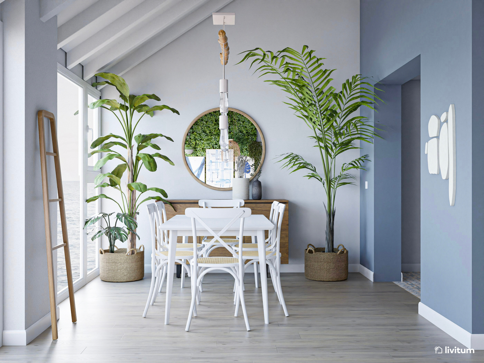 Salón comedor moderno en azul índigo, blanco y gris