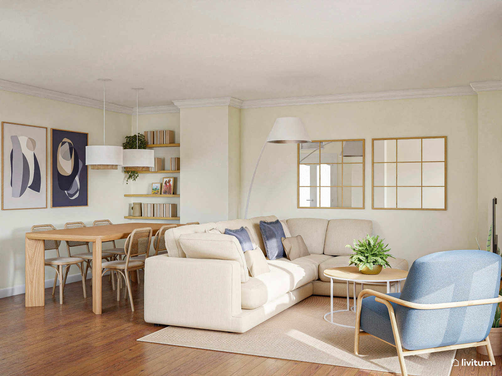 Salón comedor moderno en beige, blanco y azul 