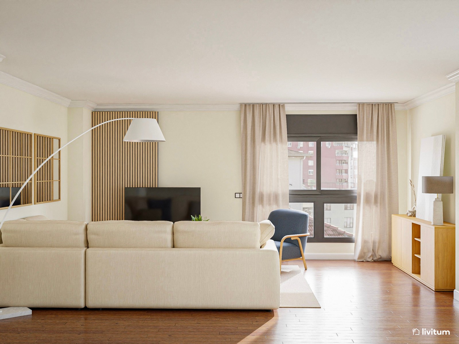 Salón comedor moderno en beige, blanco y azul 