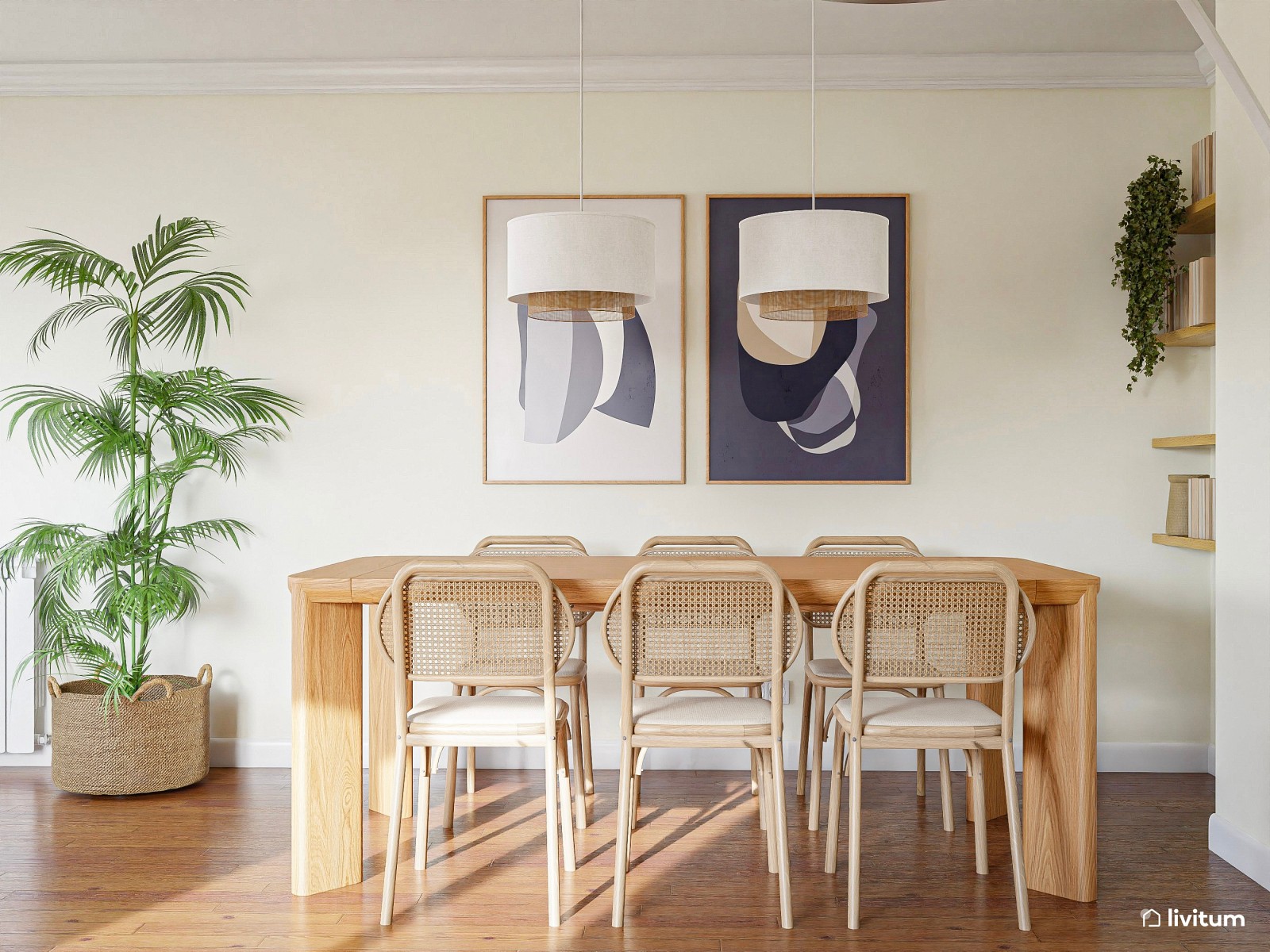 Salón comedor moderno en beige, blanco y azul 