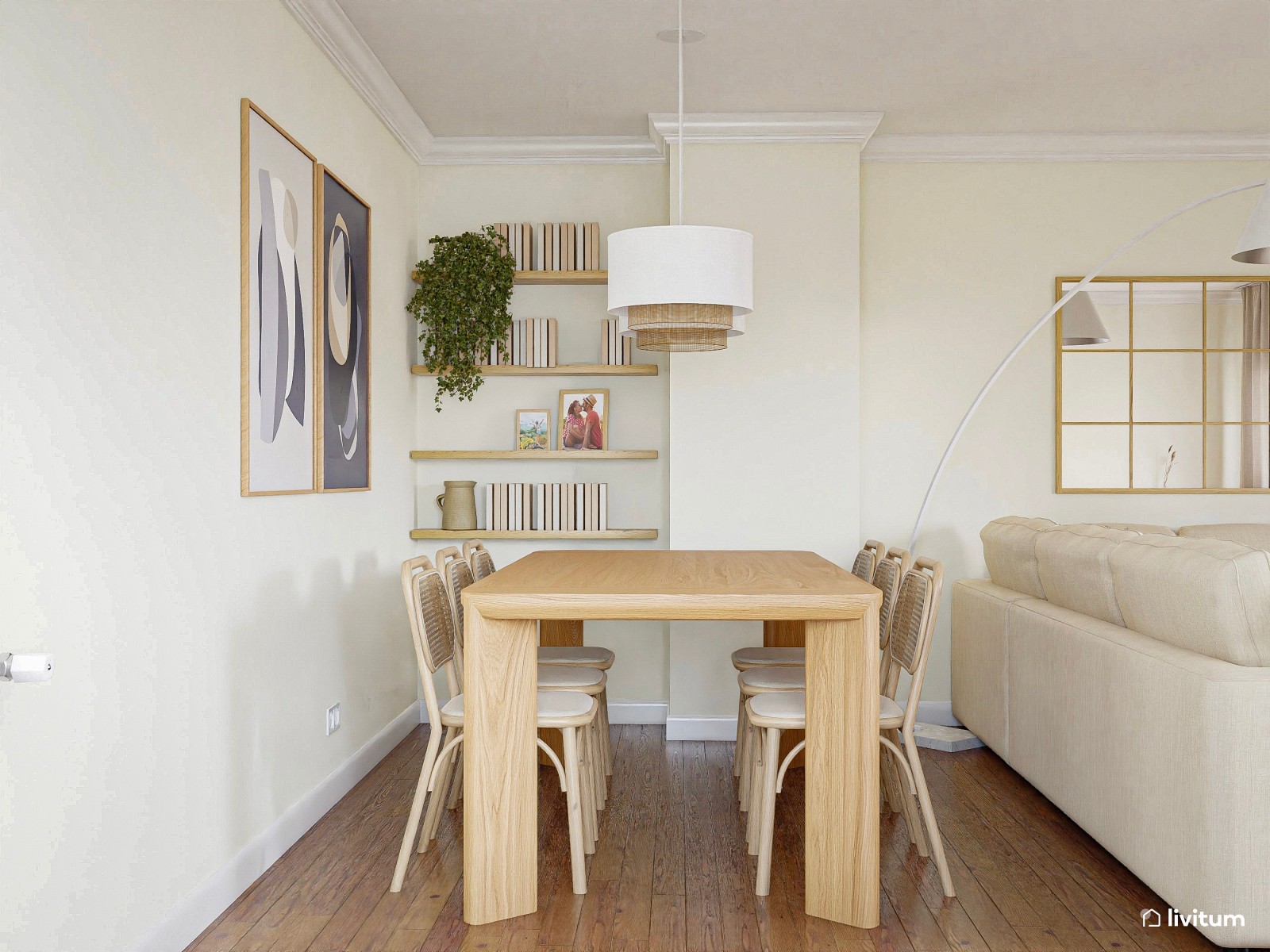 Salón comedor moderno en beige, blanco y azul 