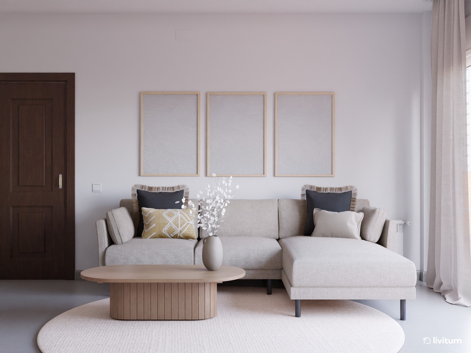 Salón comedor moderno en blanco y madera 