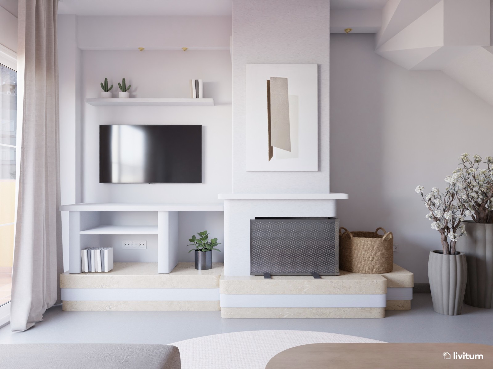 Salón comedor moderno en blanco y madera 