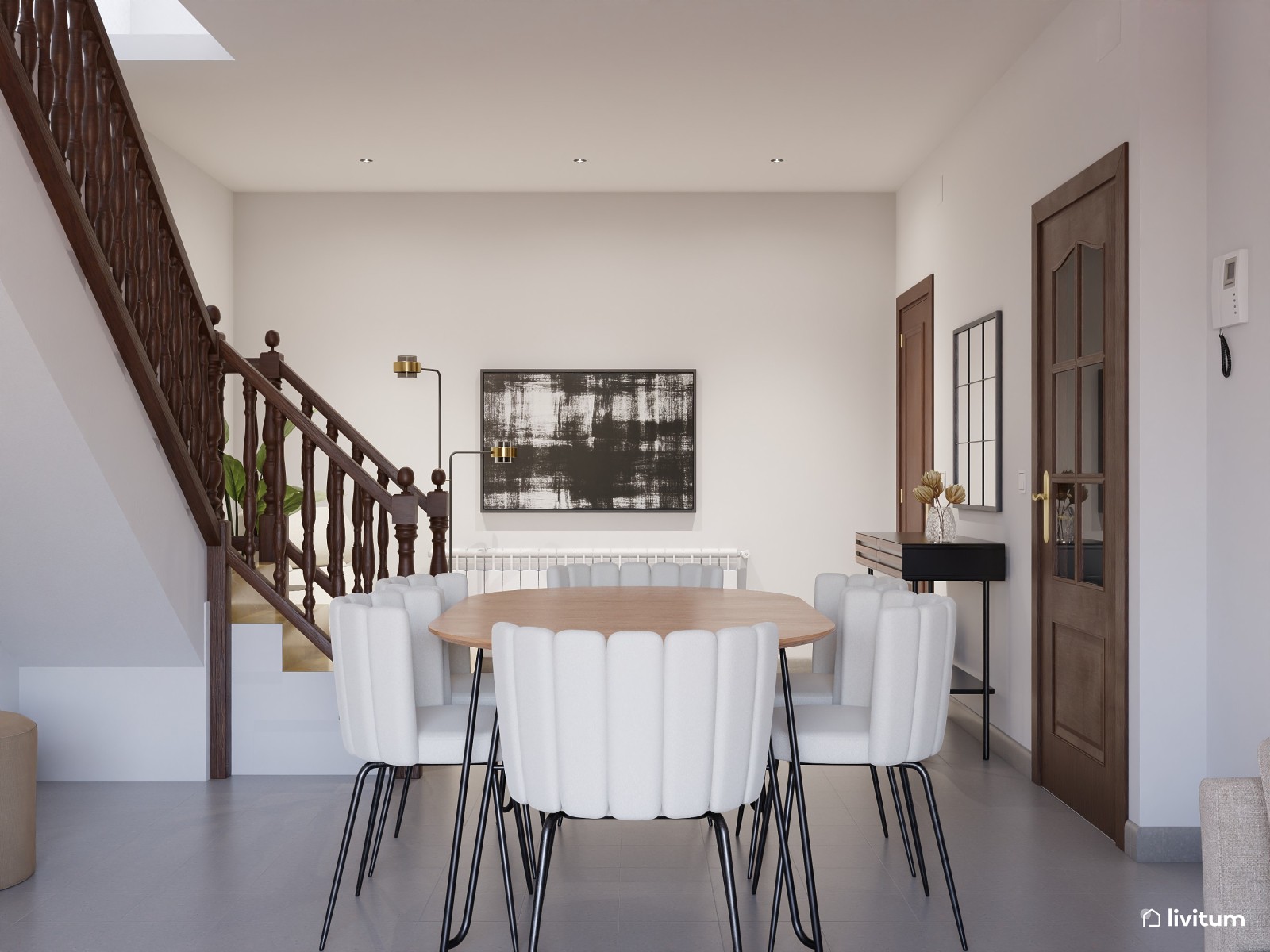 Salón comedor moderno en blanco y madera 