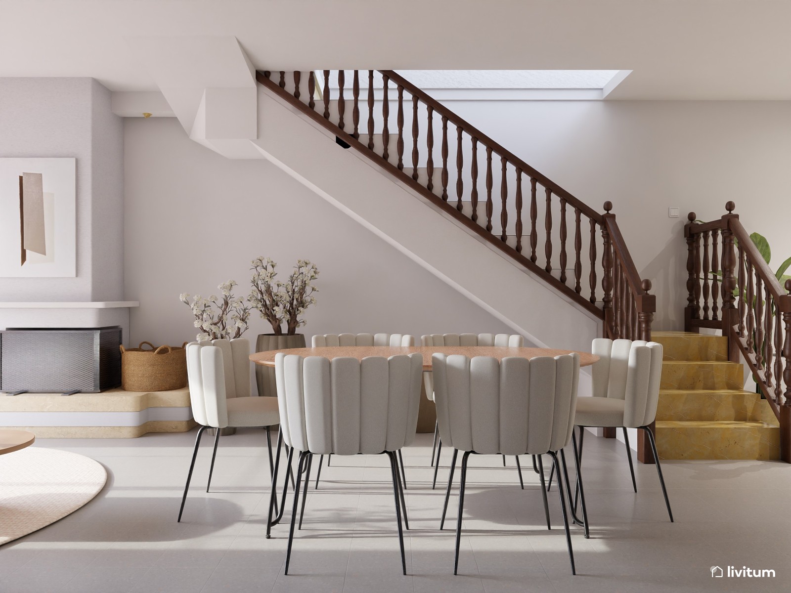 Salón comedor moderno en blanco y madera 