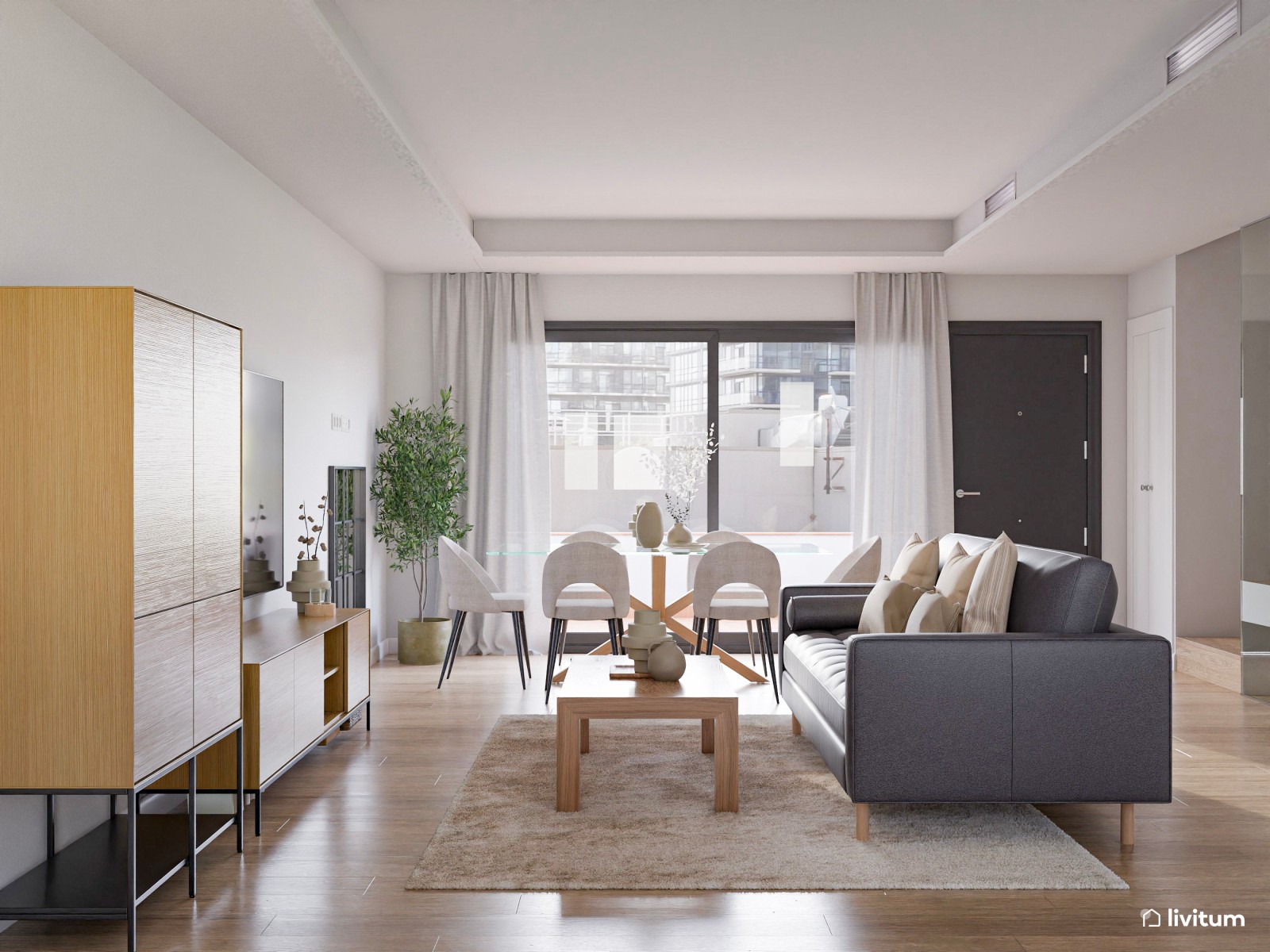  Salón comedor moderno en madera y tonos grises 