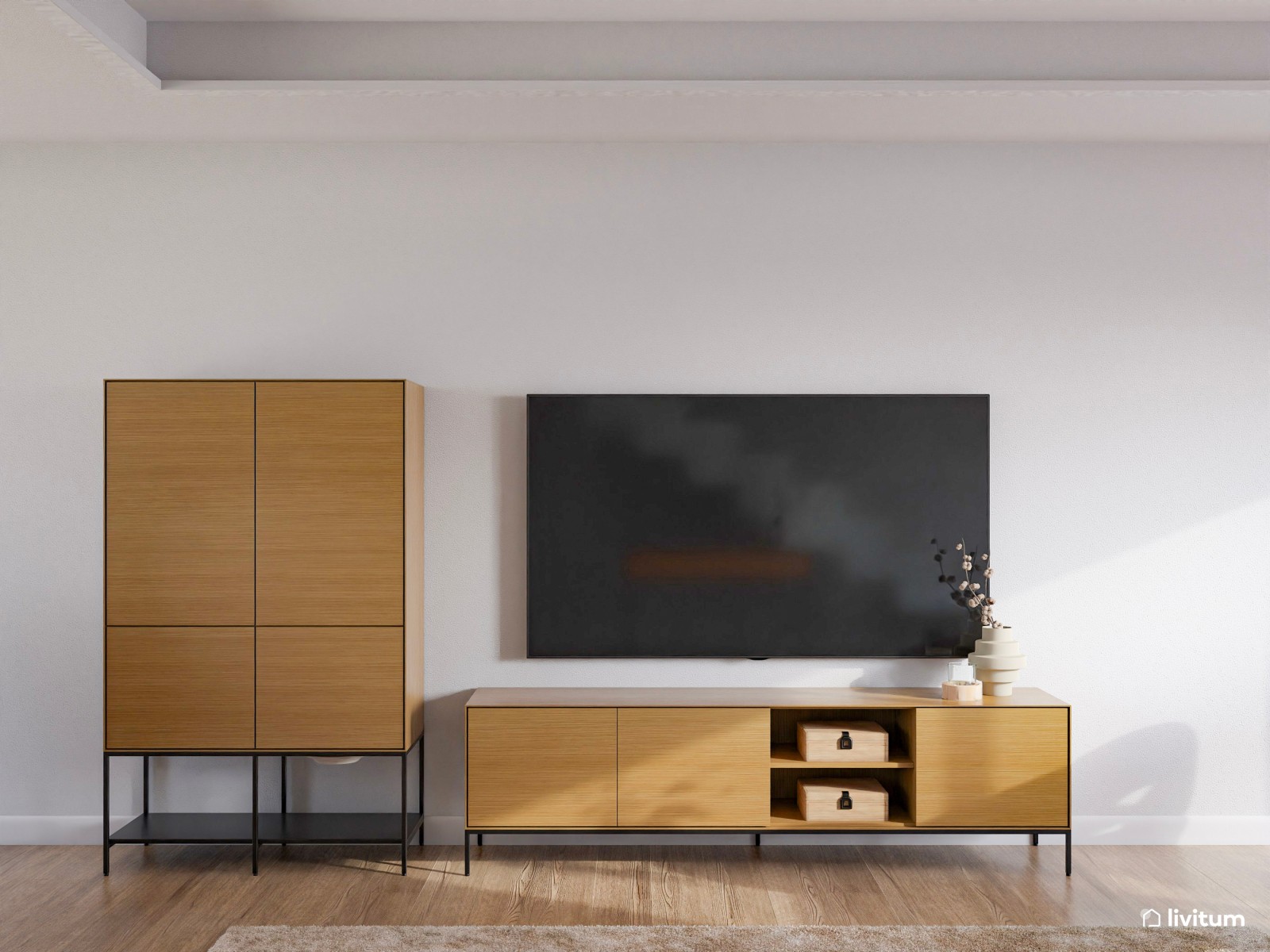  Salón comedor moderno en madera y tonos grises 