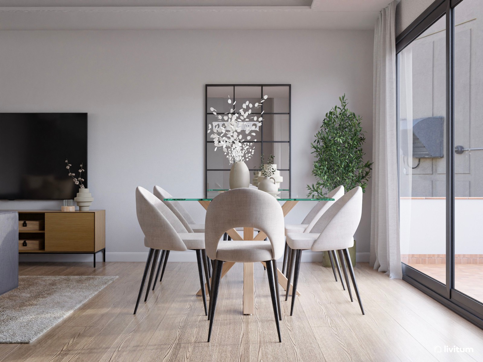  Salón comedor moderno en madera y tonos grises 