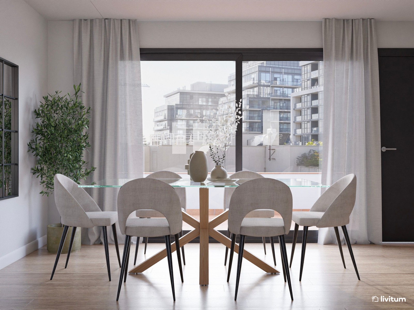  Salón comedor moderno en madera y tonos grises 