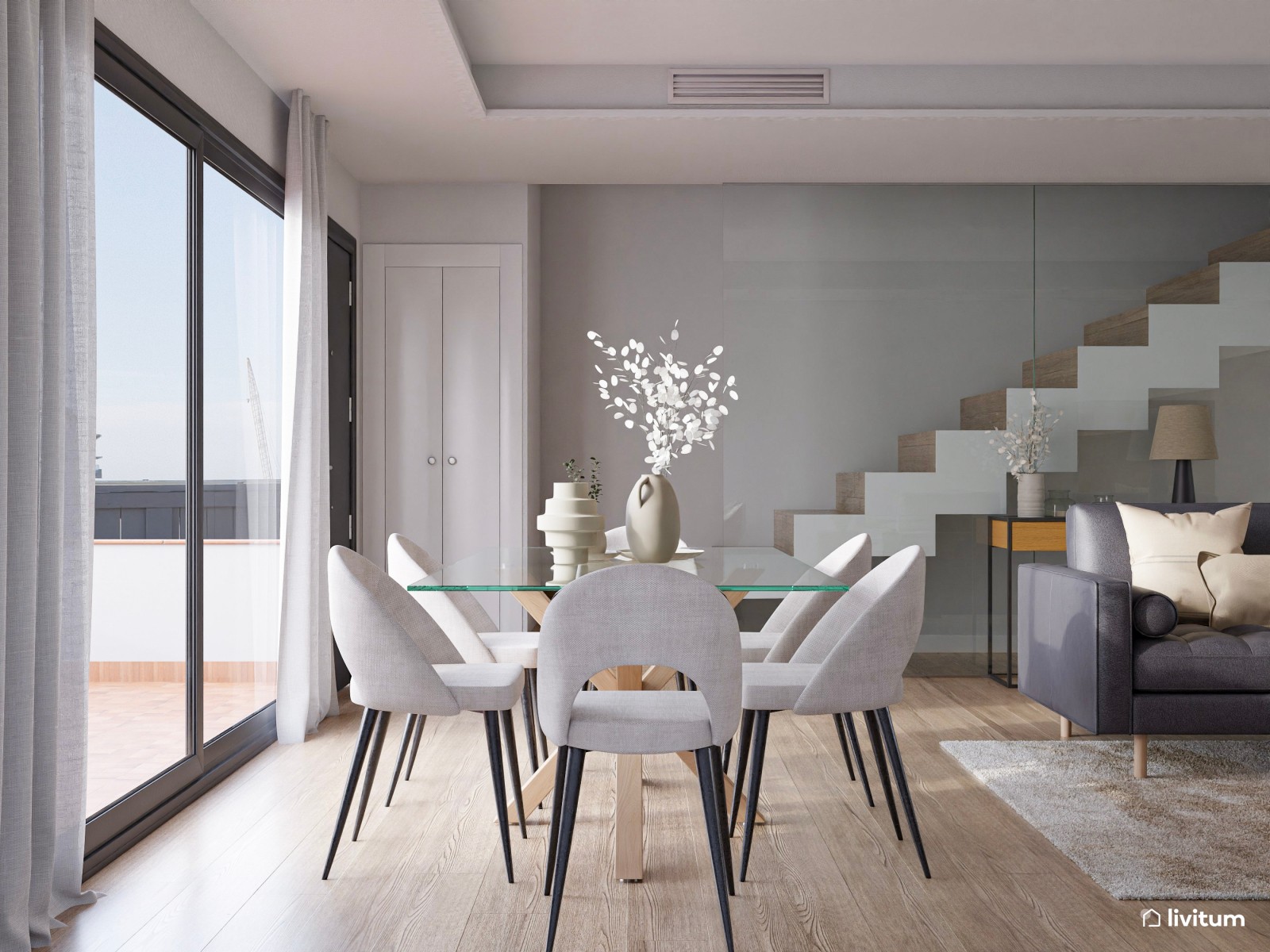  Salón comedor moderno en madera y tonos grises 