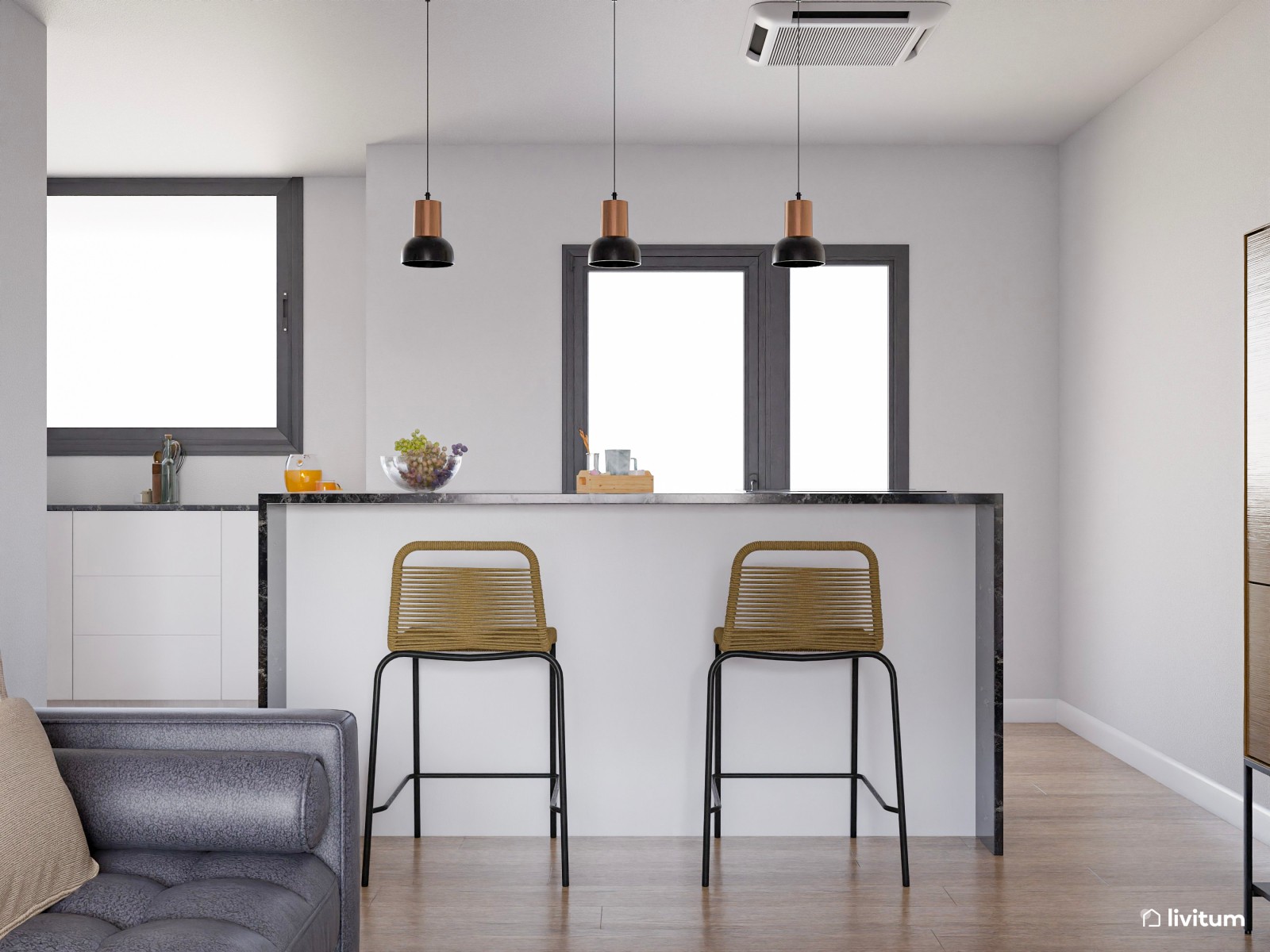  Salón comedor moderno en madera y tonos grises 