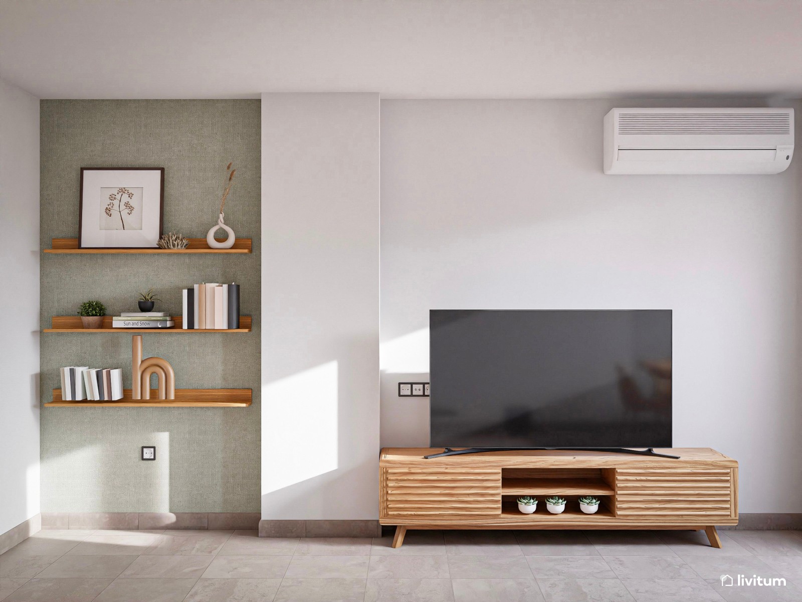 Salón comedor moderno en madera y tonos verdes 