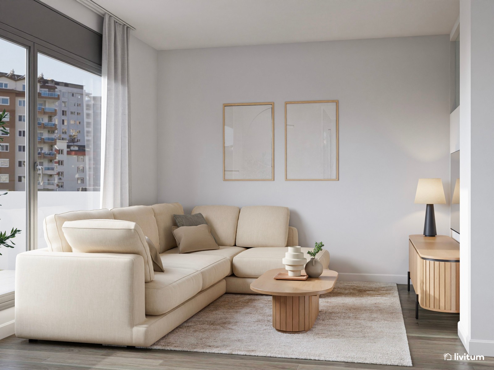 Salón comedor moderno en tonos neutros con cocina abierta