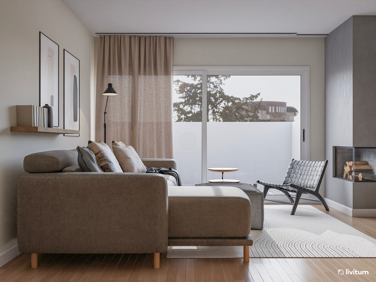 Salón comedor moderno en tonos neutros con toques grises