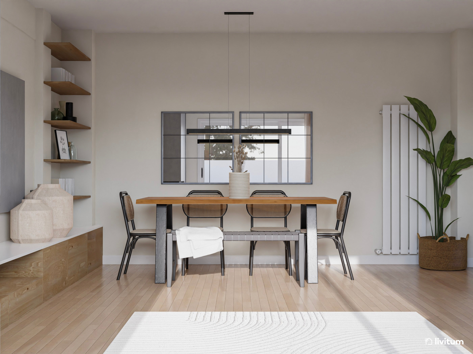 Salón comedor moderno en tonos neutros con toques grises