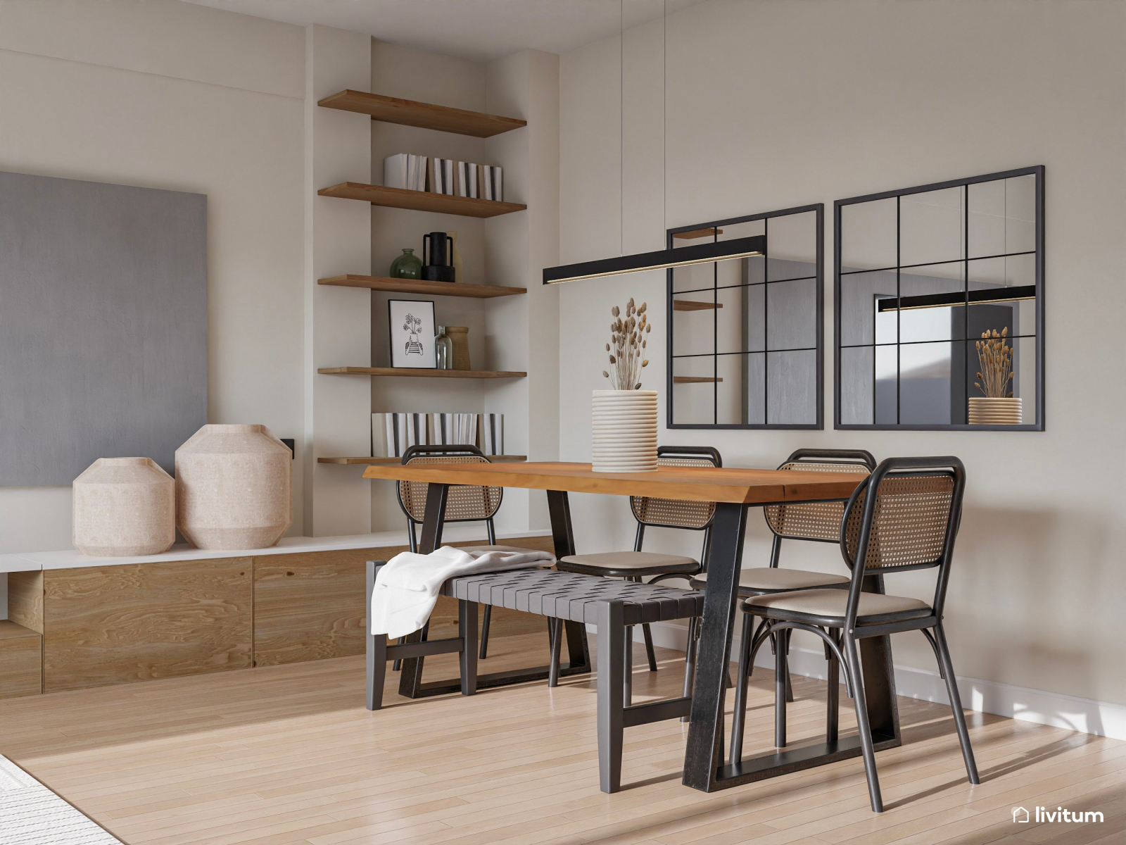 Salón comedor moderno en tonos neutros con toques grises