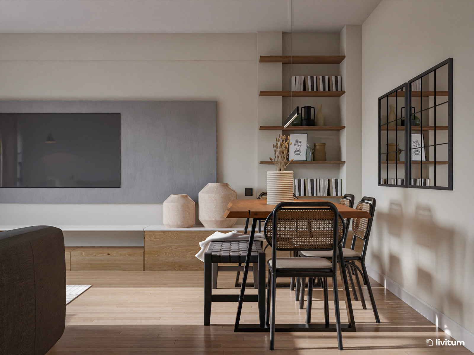 Salón comedor moderno en tonos neutros con toques grises