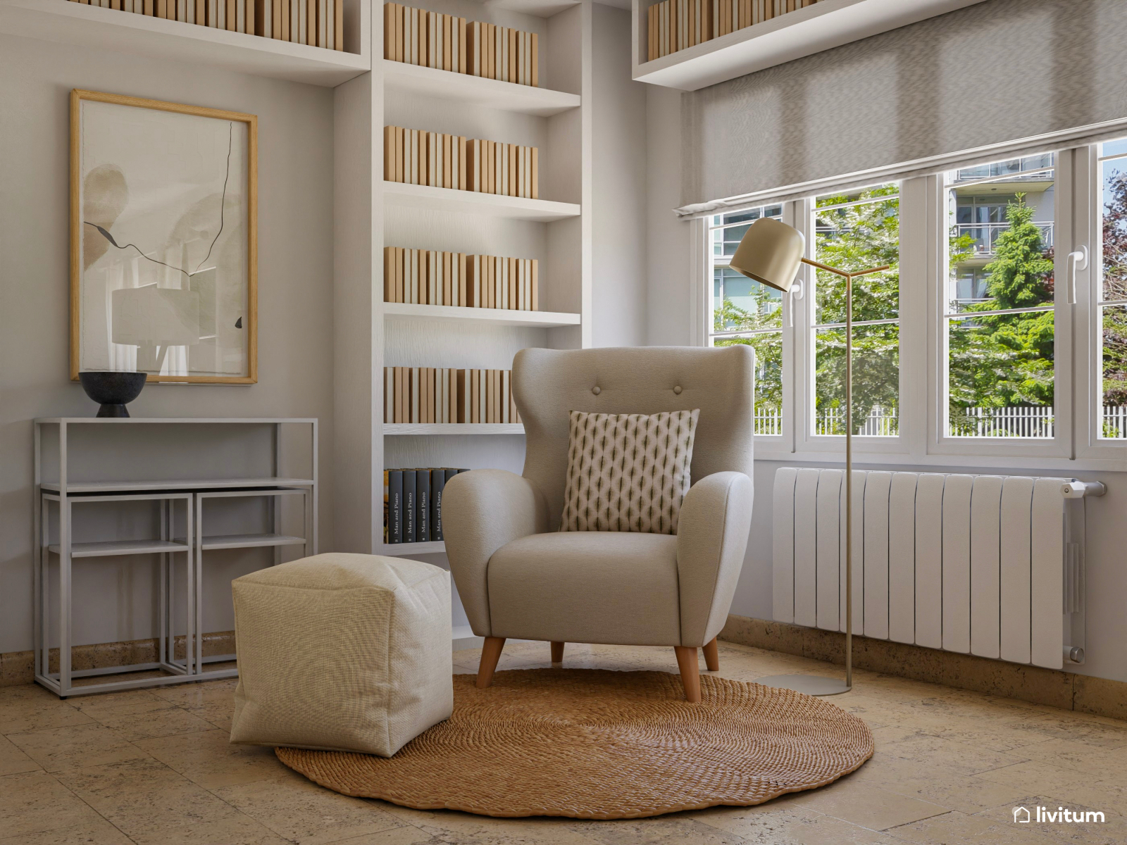 Salón comedor moderno muy confortable con una gran librería 