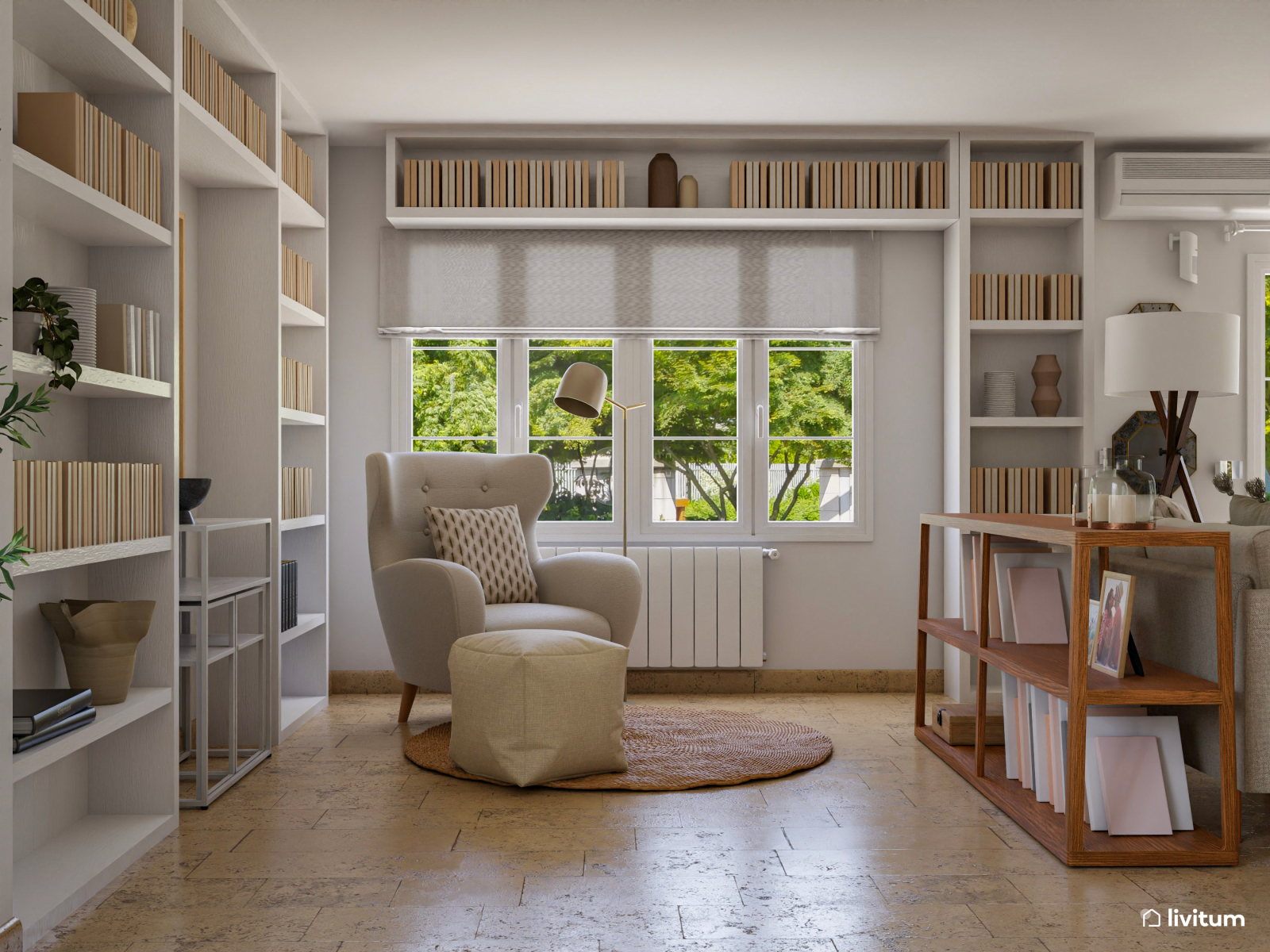 Salón comedor moderno muy confortable con una gran librería 