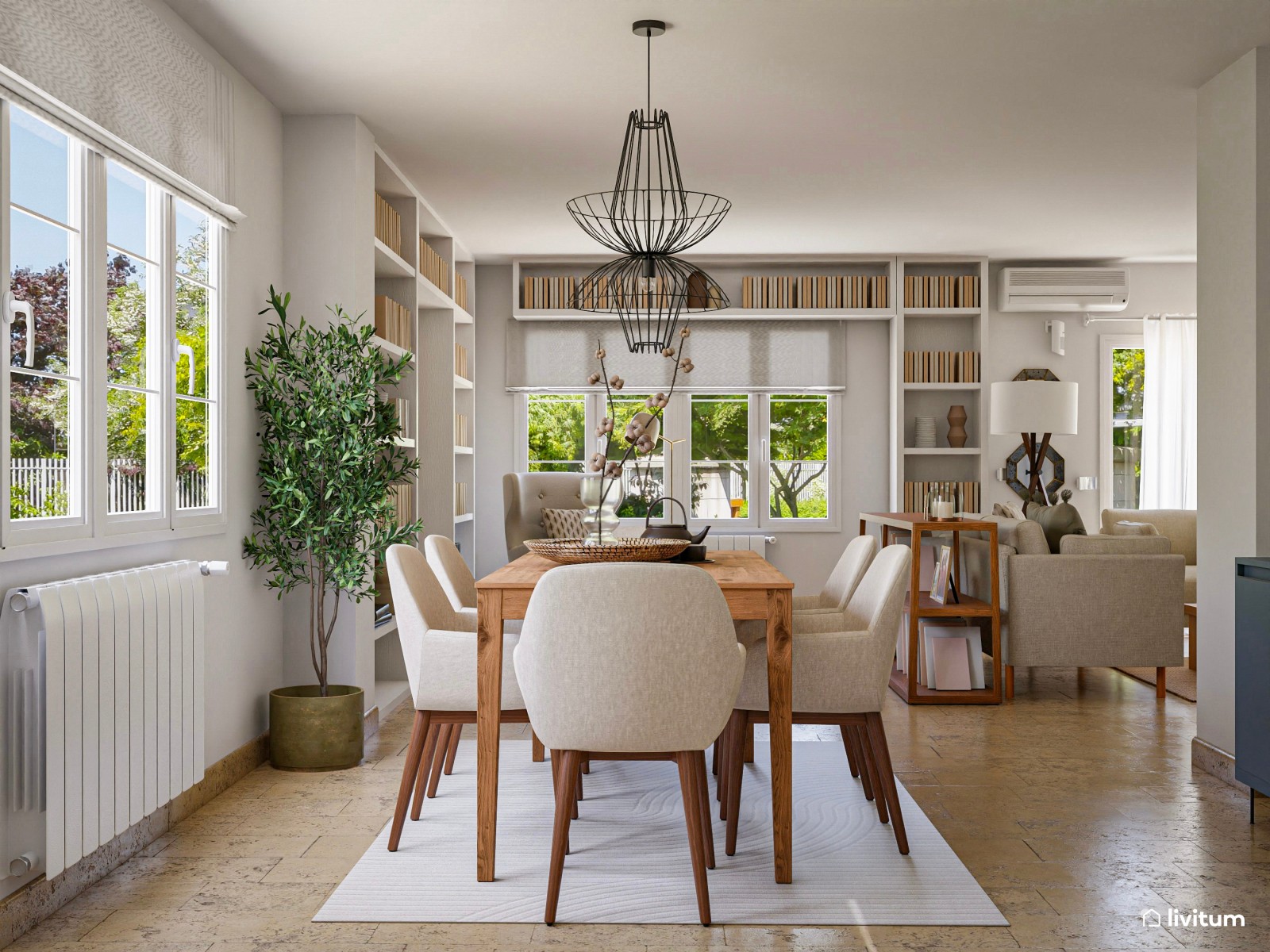 Salón comedor moderno muy confortable con una gran librería 