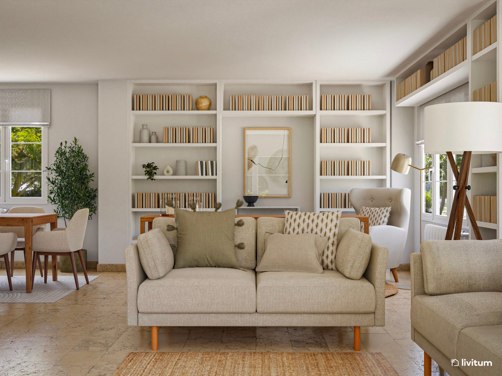 Salón comedor moderno muy confortable con una gran librería 