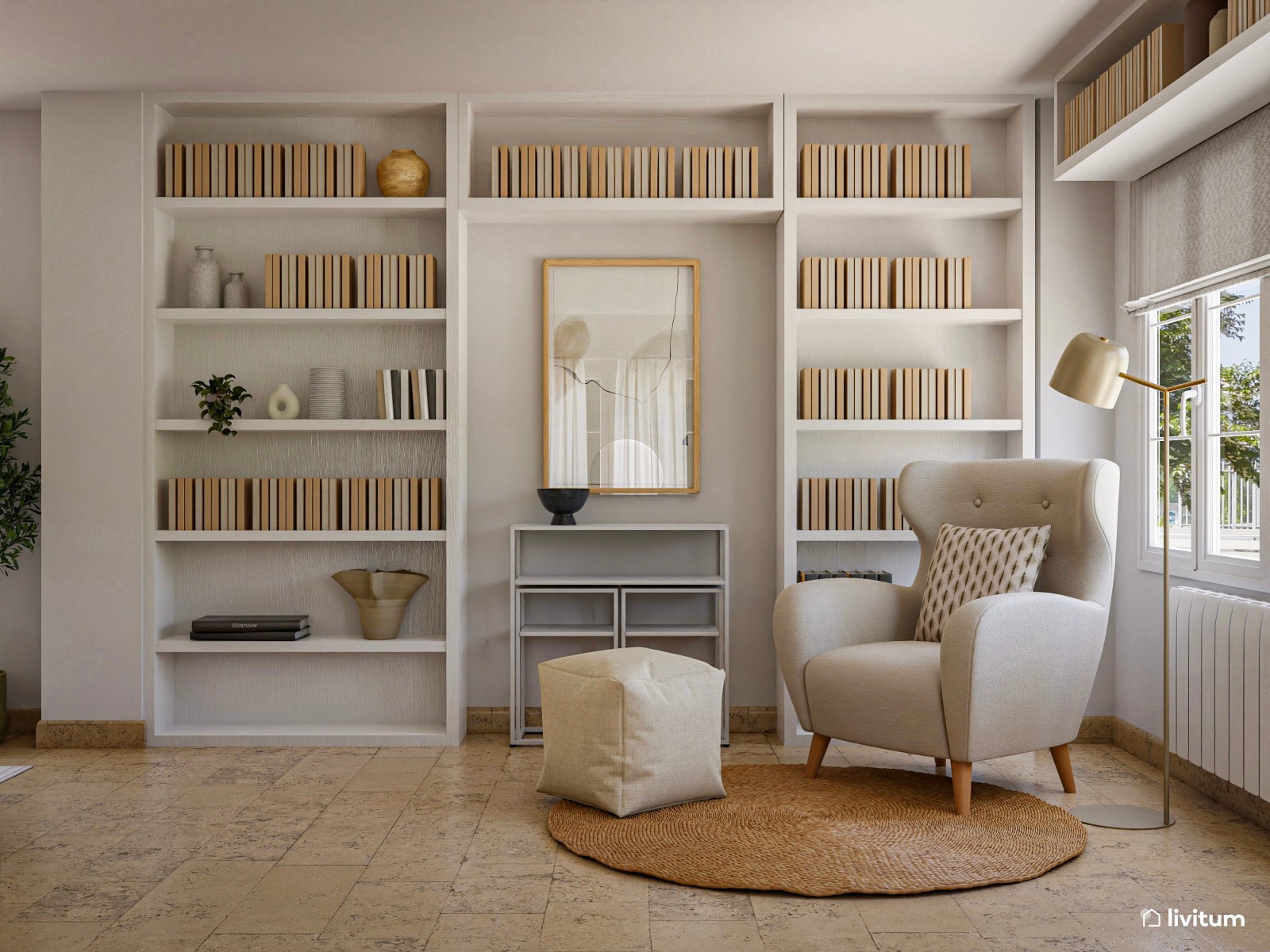 Salón comedor moderno muy confortable con una gran librería 