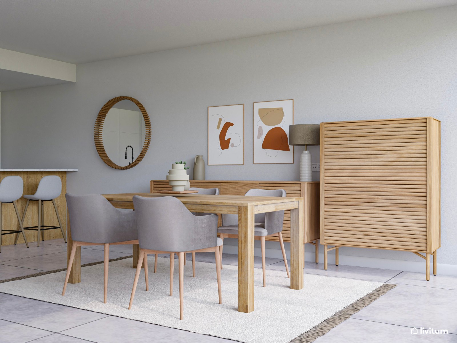 Salón comedor moderno y amplio con cocina abierta 