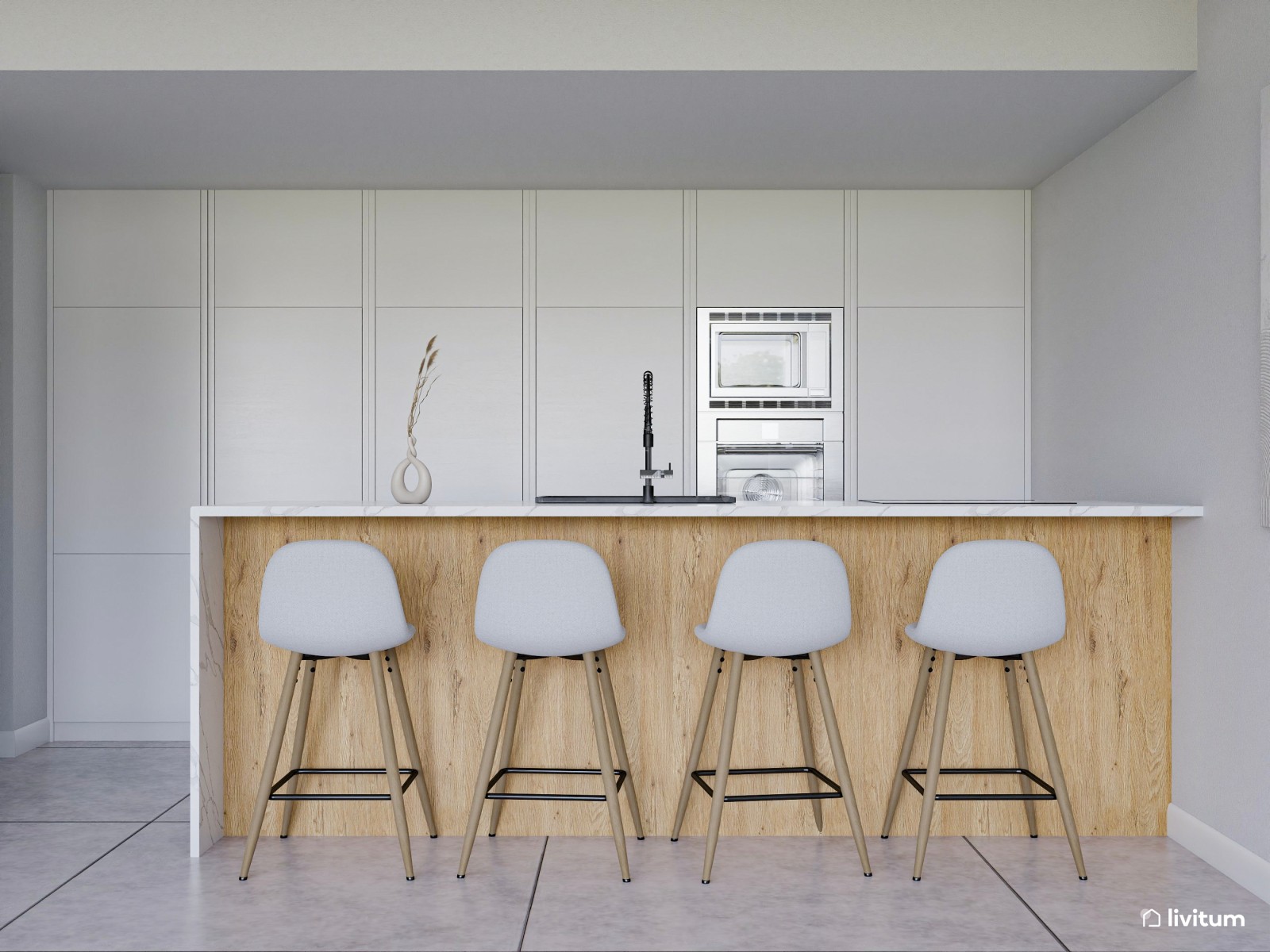 Salón comedor moderno y amplio con cocina abierta 