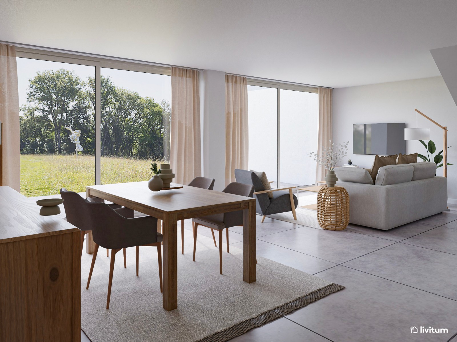 Salón comedor moderno y amplio con cocina abierta 