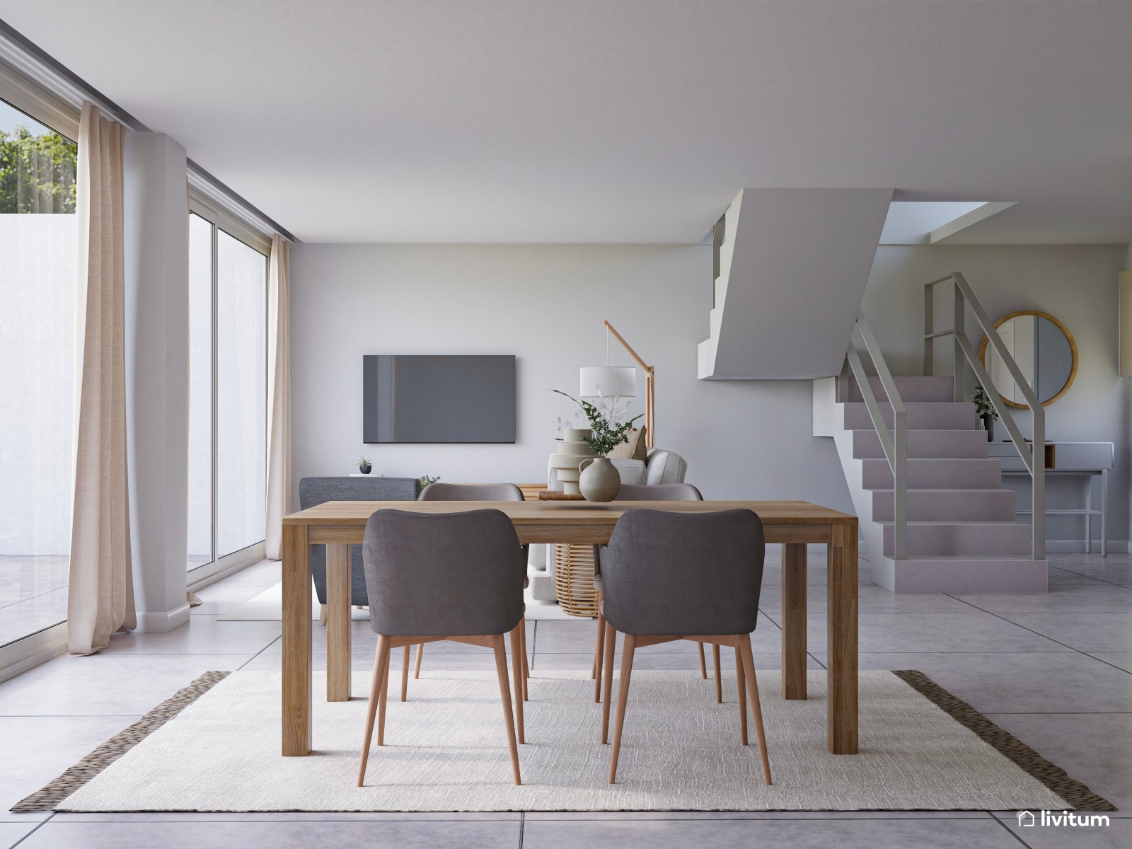 Salón comedor moderno y amplio con cocina abierta 