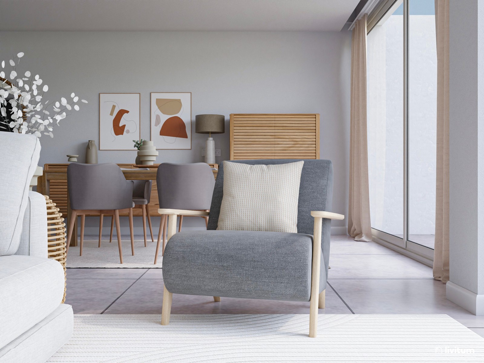 Salón comedor moderno y amplio con cocina abierta 