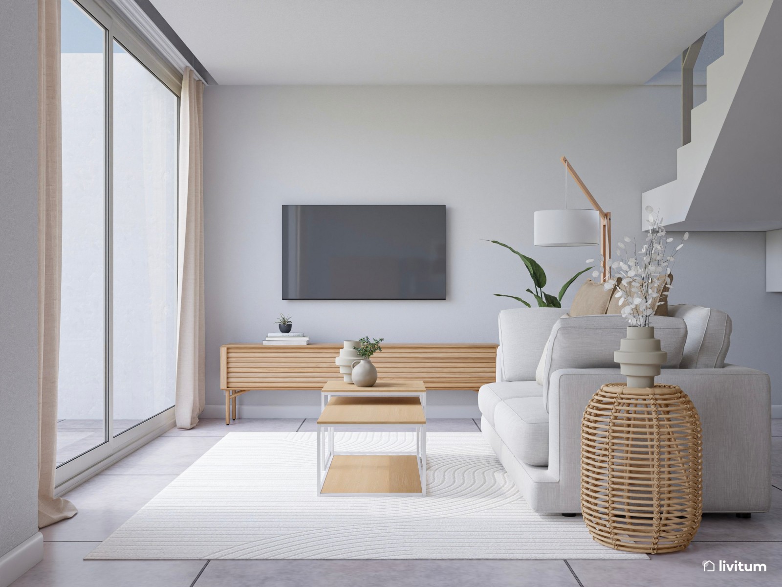 Salón comedor moderno y amplio con cocina abierta 