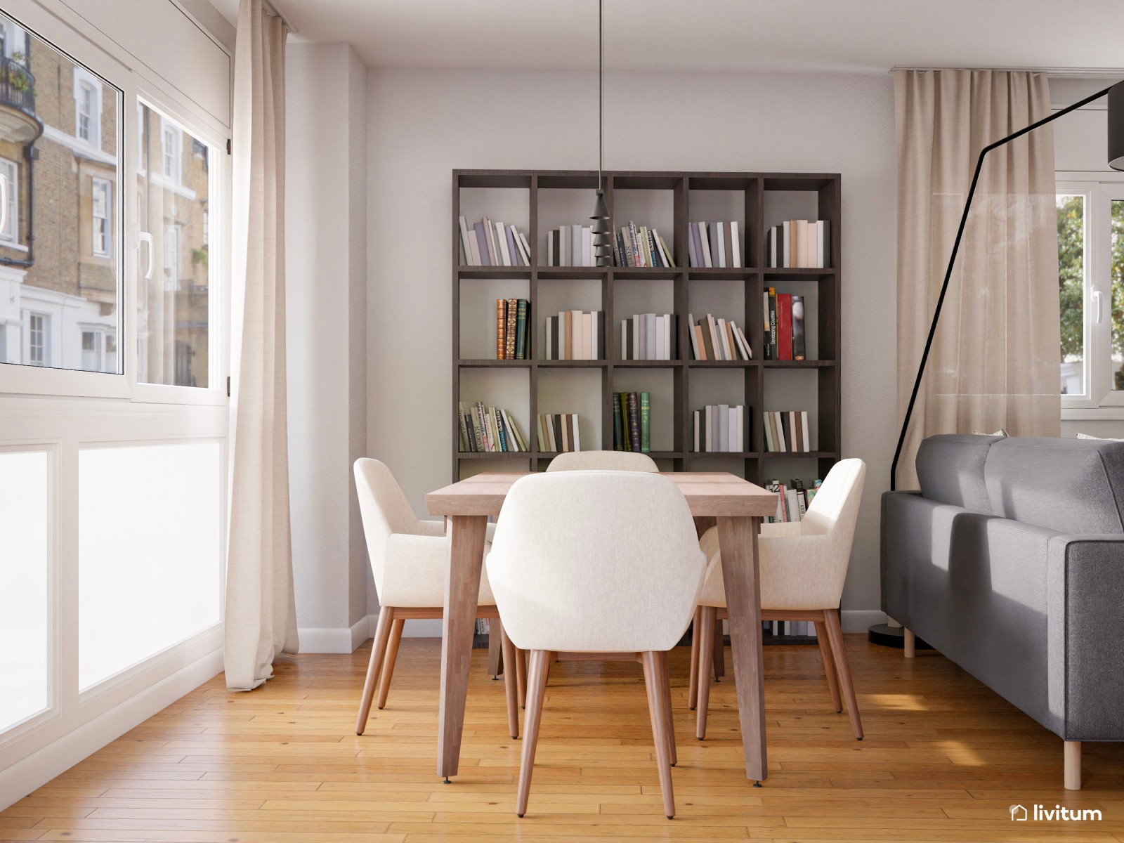 Salón comedor moderno y cálido con acentos grises