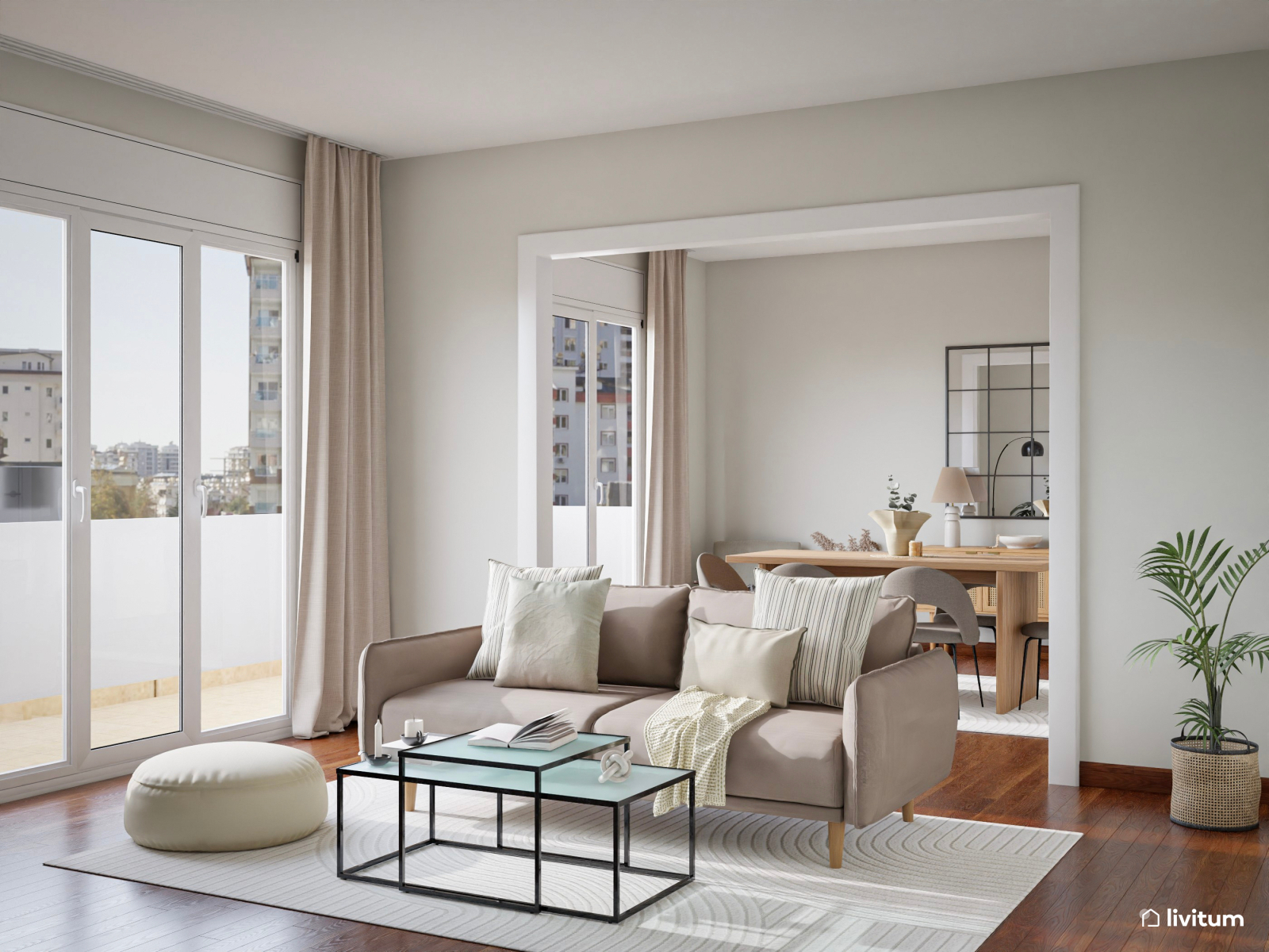 Salón comedor moderno y elegante con mesa en roble oscuro 