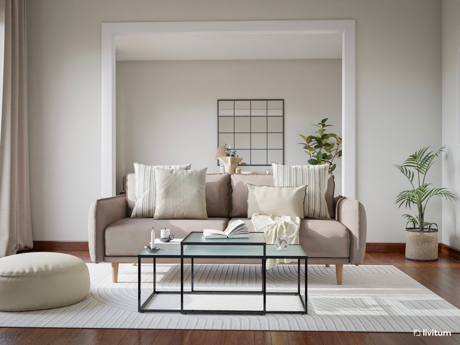 Salón comedor moderno y elegante con mesa en roble oscuro 