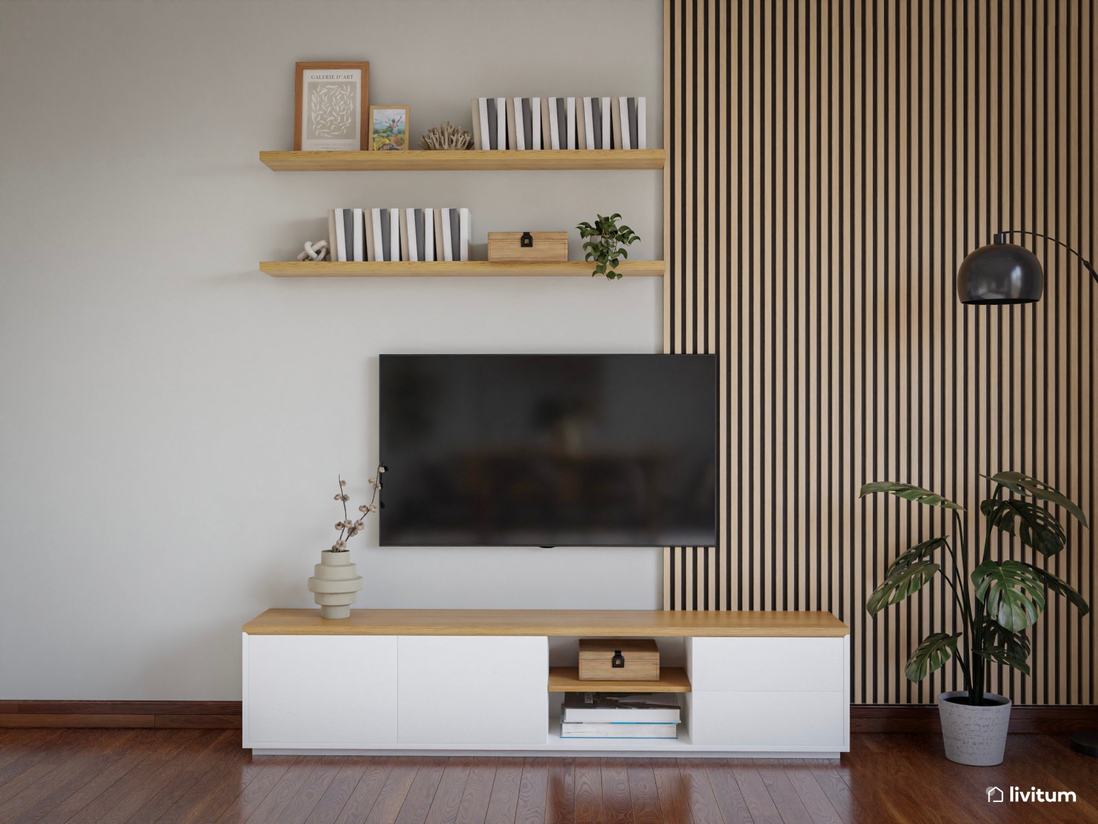 Salón comedor moderno y elegante con mesa en roble oscuro 