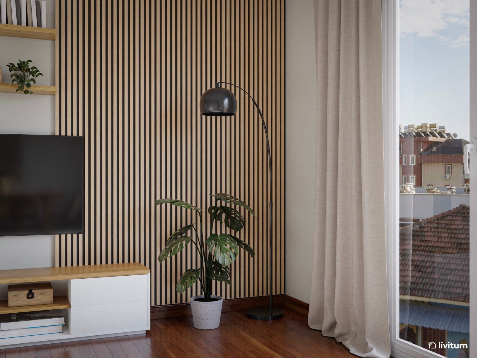 Salón comedor moderno y elegante con mesa en roble oscuro 