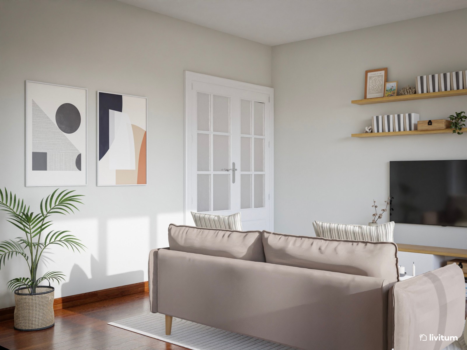 Salón comedor moderno y elegante con mesa en roble oscuro 