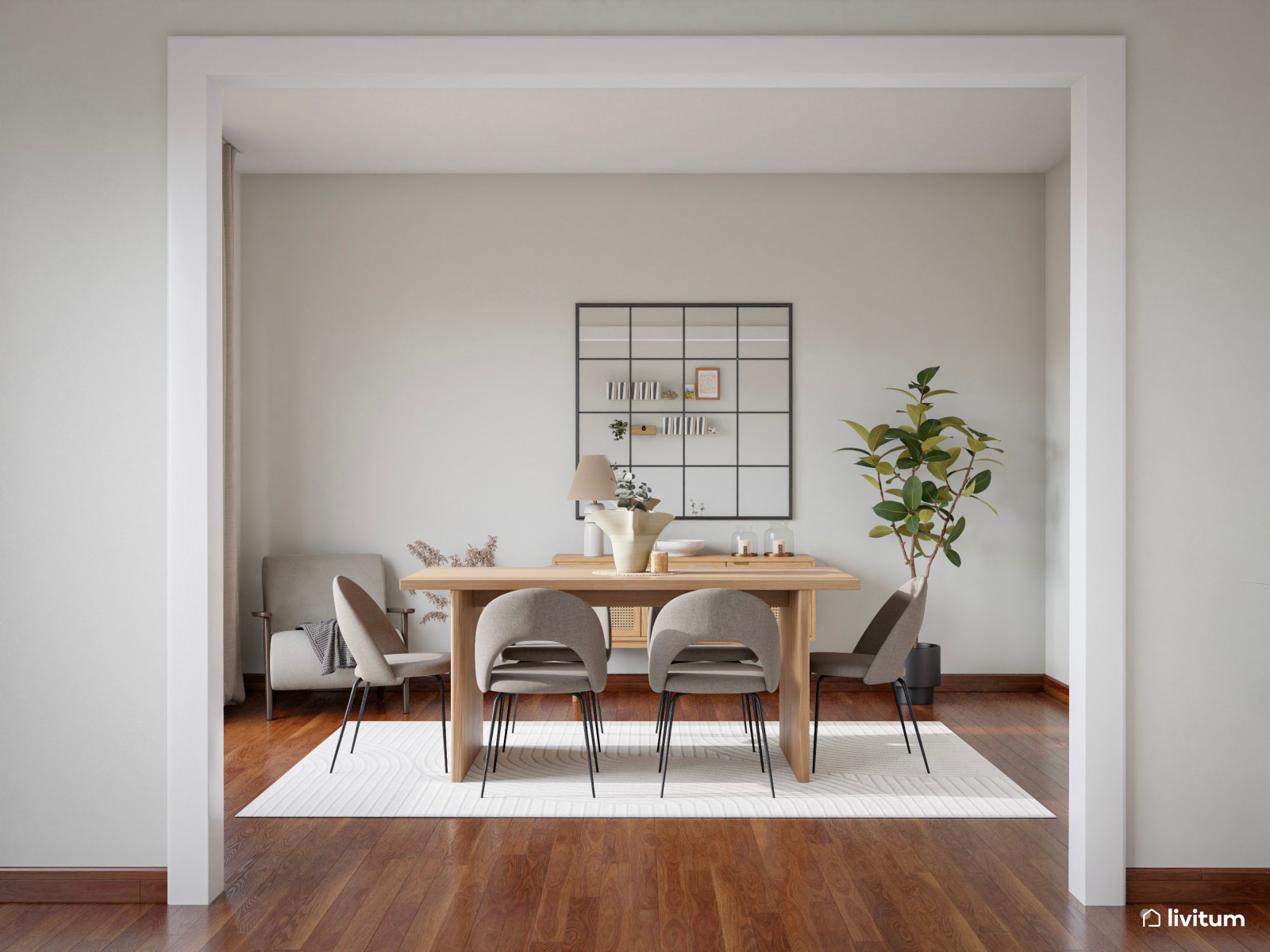 Salón comedor moderno y elegante con mesa en roble oscuro 