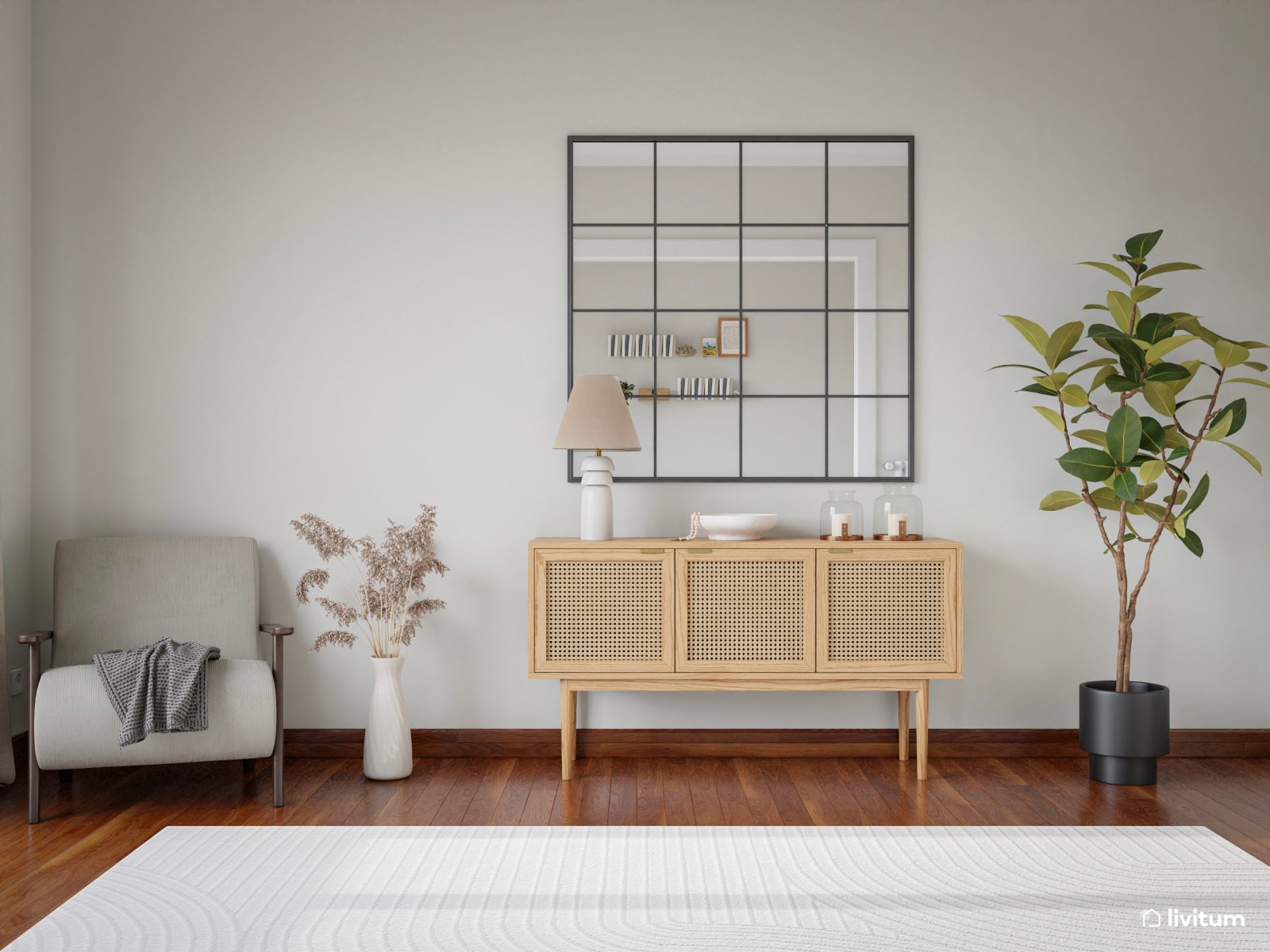 Salón comedor moderno y elegante con mesa en roble oscuro 