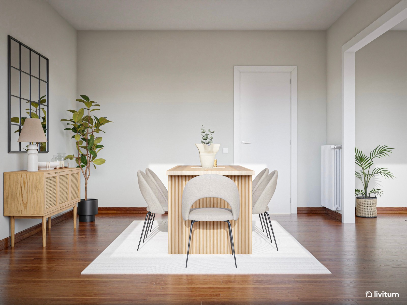 Salón comedor moderno y elegante con mesa en roble oscuro 