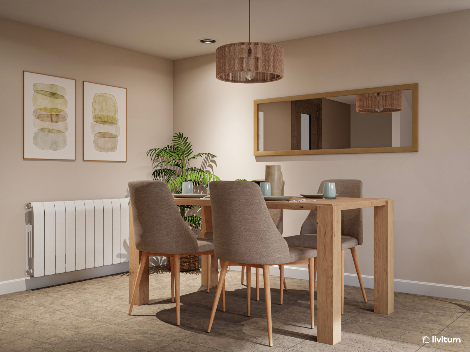 Salón comedor moderno y elegante con toques artísticos 