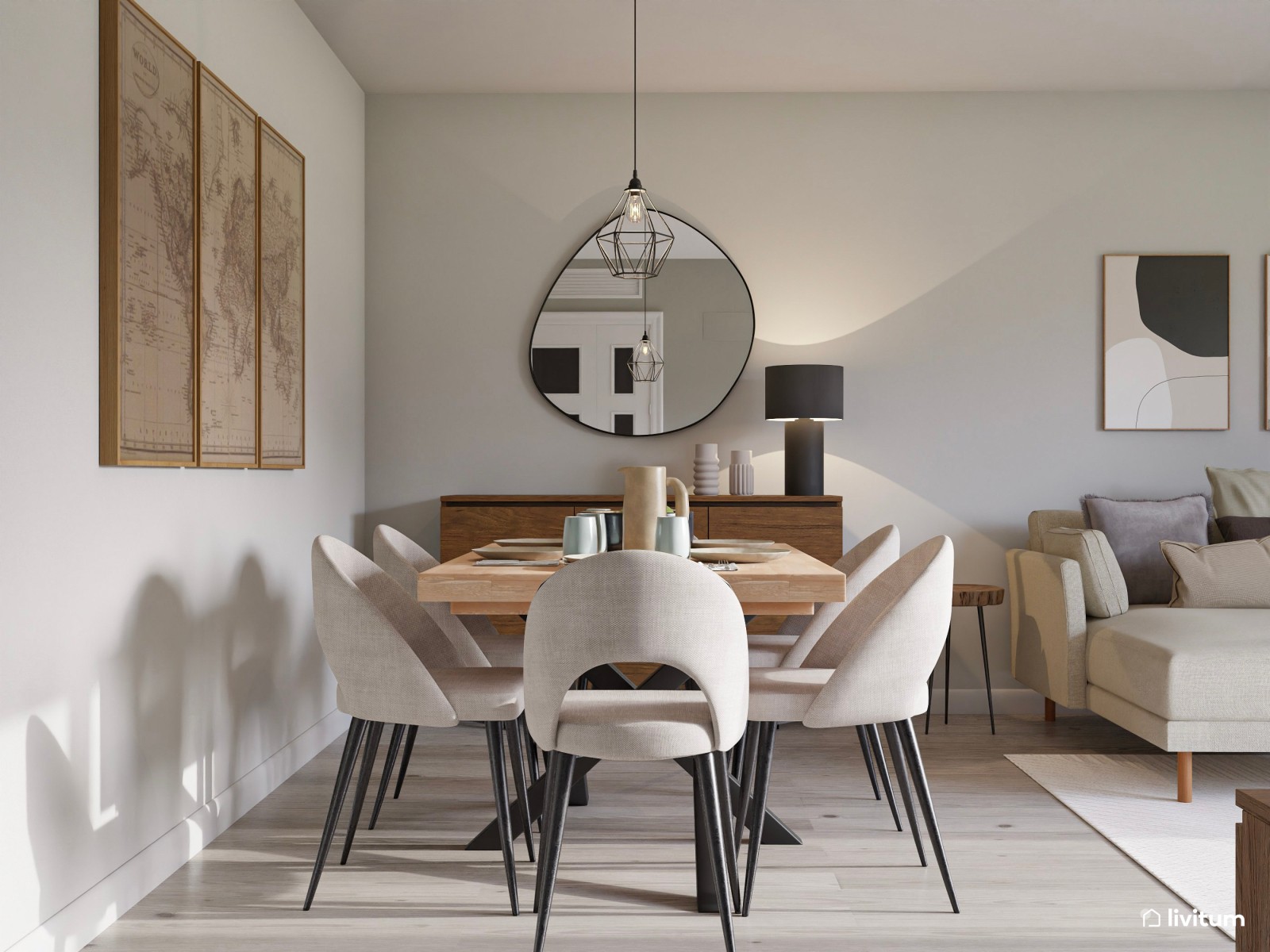 Salón comedor moderno y elegante en tonos neutros